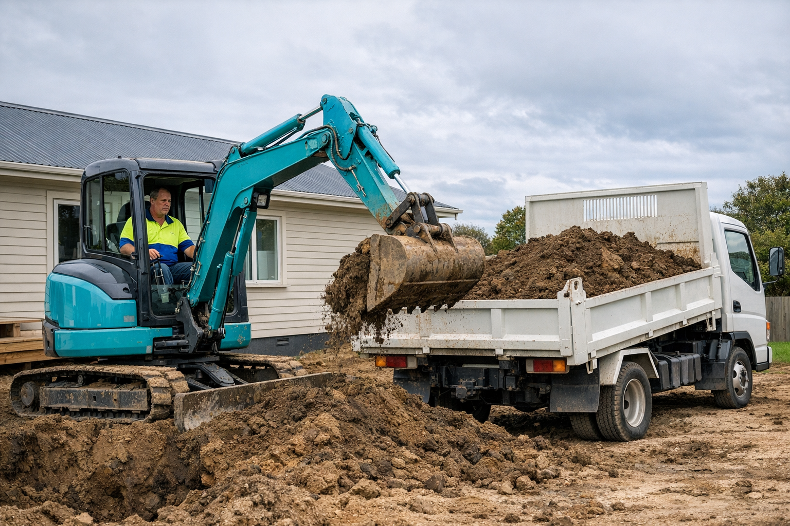 A compact teal/turquoise mini excavator with operator in cab, actively digging on a residential NZ section with a weatherboard house visible in the background. A white Mitsubishi Canter tipper truck parked nearby being loaded with spoil. The operator wears a hi-vis polo shirt with a royal blue collar, lime green upper half, and royal blue lower half. Overcast NZ sky overhead.