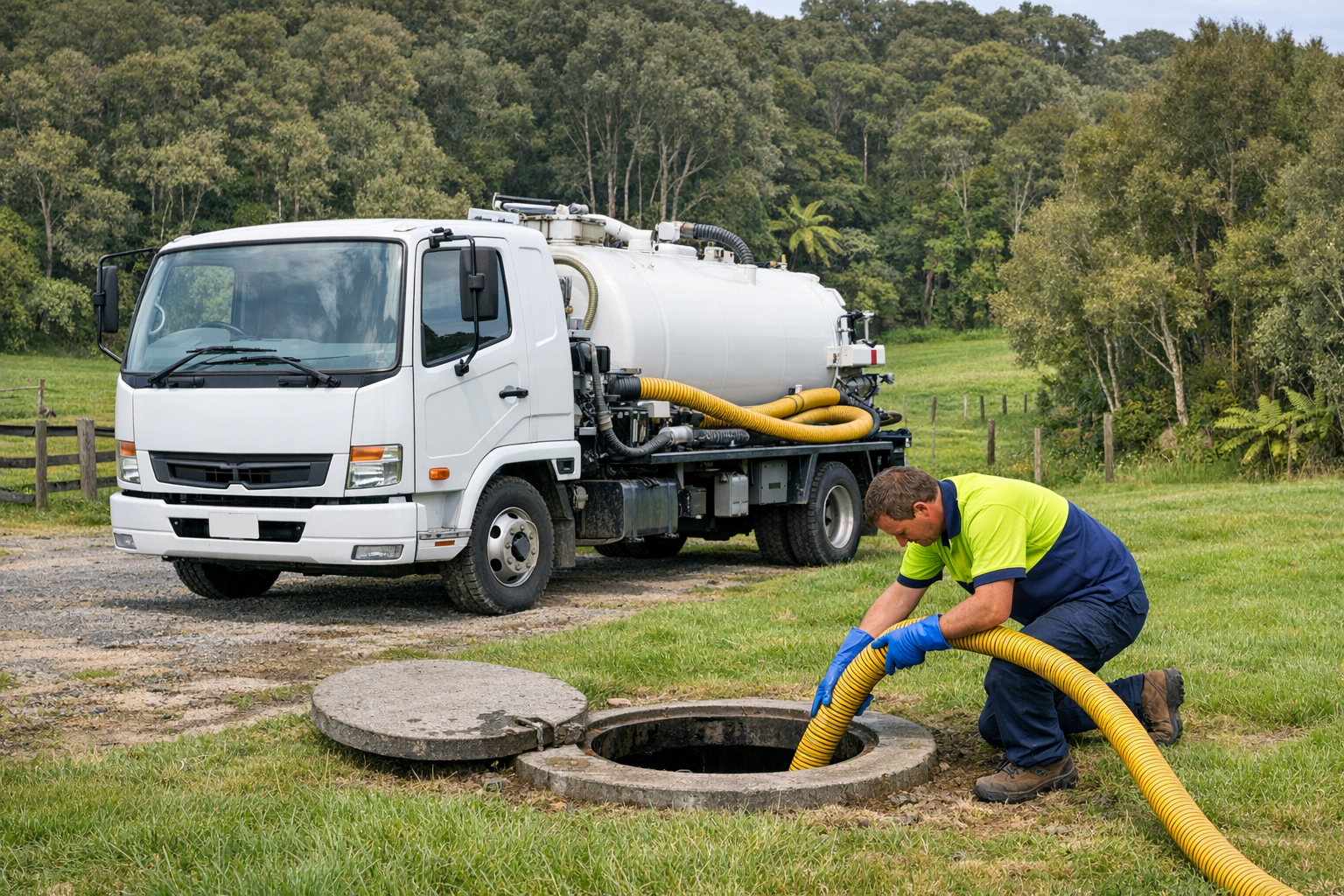 A white Mitsubishi Fuso Fighter vacuum truck with a large white cylindrical tank mounted on the back and a yellow flexible suction hose, parked on a rural Northland property with green paddocks and NZ native bush in the background. A technician wearing a hi-vis polo shirt with lime green upper half and royal blue collar and lower half, blue PVC gloves and work boots, is feeding the yellow hose into an open septic tank lid set into the ground.