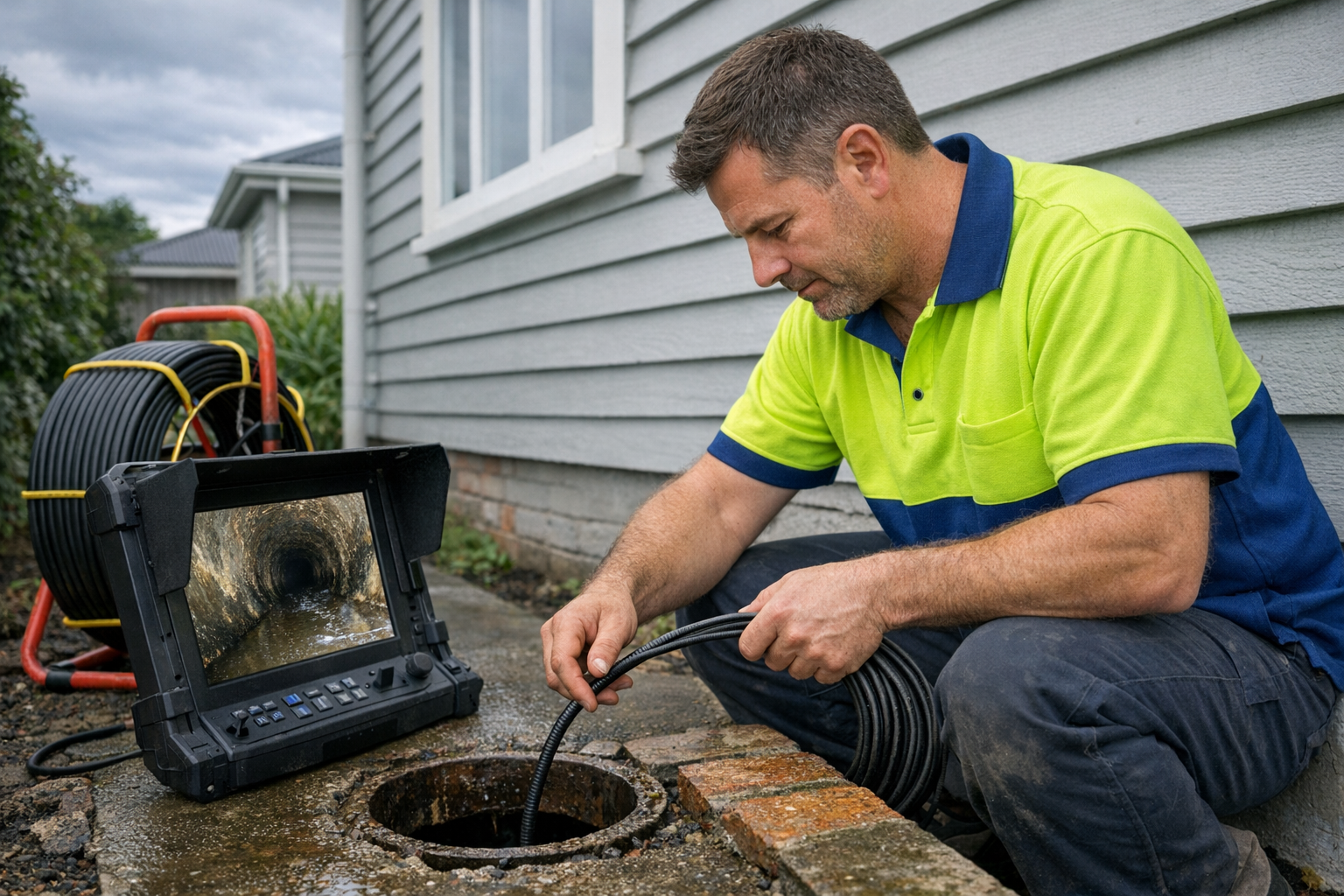 A technician in a hi-vis polo shirt with lime green upper half and royal blue collar and lower half, feeding a flexible CCTV camera cable into a drain opening at a residential NZ weatherboard property, with a monitor beside him showing live drain inspection footage on screen, overcast sky overhead