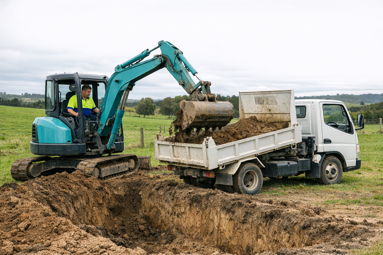 A compact teal/turquoise mini excavator with operator in cab, digging a large trench in a rural Northland paddock for a new septic tank installation. A white Mitsubishi Canter tipper truck nearby being loaded with spoil. Overcast NZ sky, green paddocks visible in background. Technician wearing a hi-vis polo shirt with royal blue collar, lime green upper half, and royal blue lower half.