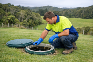 A technician in a hi-vis polo shirt with lime green upper half and royal blue collar and lower half, wearing blue PVC gloves and work boots, kneeling to inspect a modern septic system access lid set into a tidy lawn on a rural Northland property, with green paddocks and NZ native bush visible in the background under an overcast sky