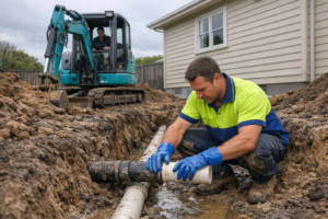 A technician in a hi-vis polo shirt with lime green upper half and royal blue collar and lower half, wearing blue PVC gloves and work boots, working inside an open trench repairing a drain pipe at a residential New Zealand property with a weatherboard house visible in the background and an overcast sky above. A compact teal mini excavator with operator in cab is parked beside the trench on the freshly dug earth.