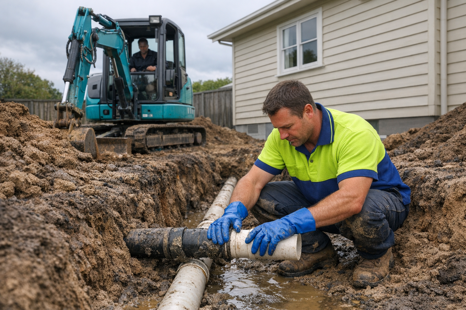 A technician in a hi-vis polo shirt with lime green upper half and royal blue collar and lower half, wearing blue PVC gloves and work boots, working inside an open trench repairing a drain pipe at a residential New Zealand property with a weatherboard house visible in the background and an overcast sky above. A compact teal mini excavator with operator in cab is parked beside the trench on the freshly dug earth.