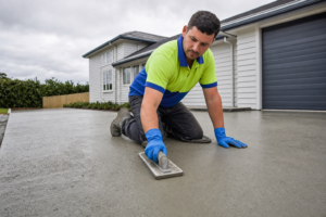 A tradesman in a hi-vis polo shirt with lime green upper half and royal blue collar and lower half, wearing blue PVC gloves and work boots, using a float to smooth wet concrete on a residential driveway at a New Zealand weatherboard home property under an overcast sky.