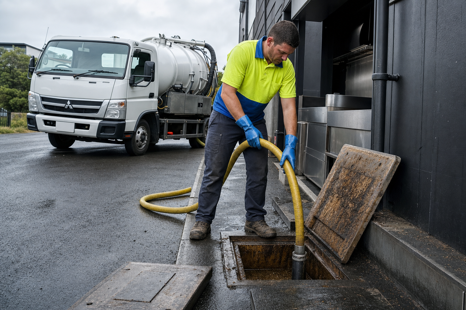 A technician in a hi-vis polo shirt with lime green upper half and royal blue collar and lower half, wearing blue PVC gloves and work boots, using a yellow vacuum hose to clean a commercial grease trap outside a restaurant or commercial kitchen in Whangarei, New Zealand. A white Mitsubishi Fuso vacuum truck with a large white cylindrical tank is parked nearby on an overcast day.