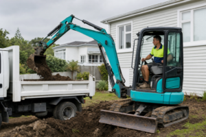 A compact teal/turquoise mini excavator with operator in cab, moving earth on a residential NZ section with an overcast sky. A white tipper truck is parked nearby being loaded with spoil. The operator wears a hi-vis polo shirt with a royal blue collar, lime green upper half, and royal blue lower half. No logos, text, or watermarks visible on vehicles or clothing. New Zealand weatherboard houses visible in the background.