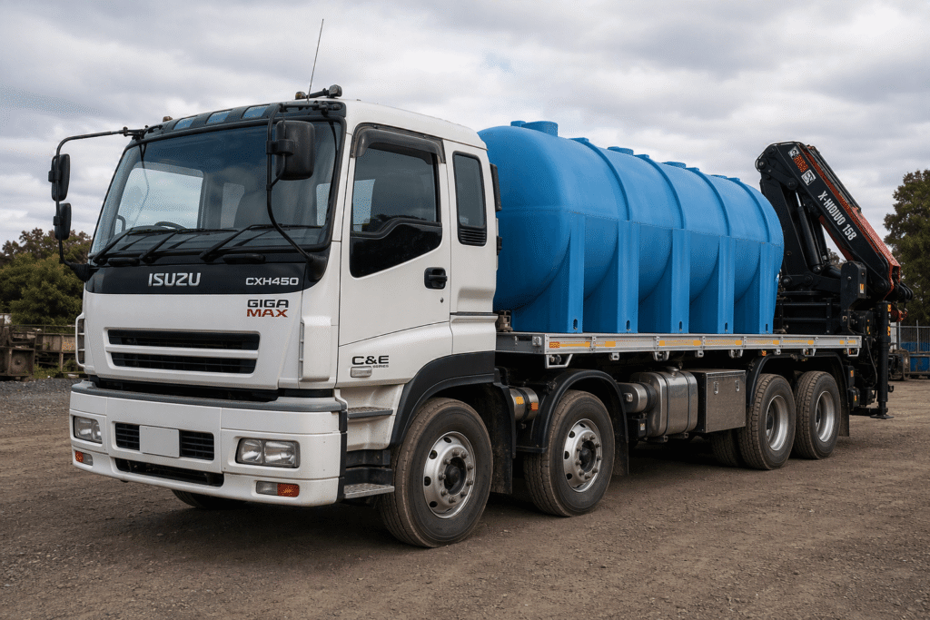 White 2002 Isuzu CXH450 Giga Max 8x4 hiab truck with a rear-mounted crane and large blue ribbed water tank secured to a flat deck tray. The heavy-duty work truck is parked in an industrial yard under a cloudy sky, showing twin steer front axles and tandem rear axles designed for water cart and rural contracting operations.
