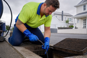 A technician kneeling at a drain access point on a residential NZ street, wearing a hi-vis polo shirt with lime green upper half and royal blue collar and lower half, blue PVC gloves and work boots, feeding a flexible jetting hose inside a drain pipe. Close-up shot focused on hands and drain opening, weatherboard houses visible in background under an overcast sky.
