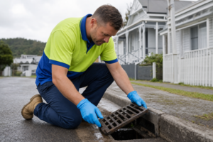 A technician kneeling on a residential Whangarei street, lifting and inspecting a stormwater drain grate set into the kerb. The technician wears a short-sleeved hi-vis polo shirt with a royal blue collar, lime green upper half, and royal blue lower half, with blue PVC gloves and work boots. Close-up shot focused on the technician and drain grate. New Zealand weatherboard houses visible in the soft background. Overcast sky typical of Northland.