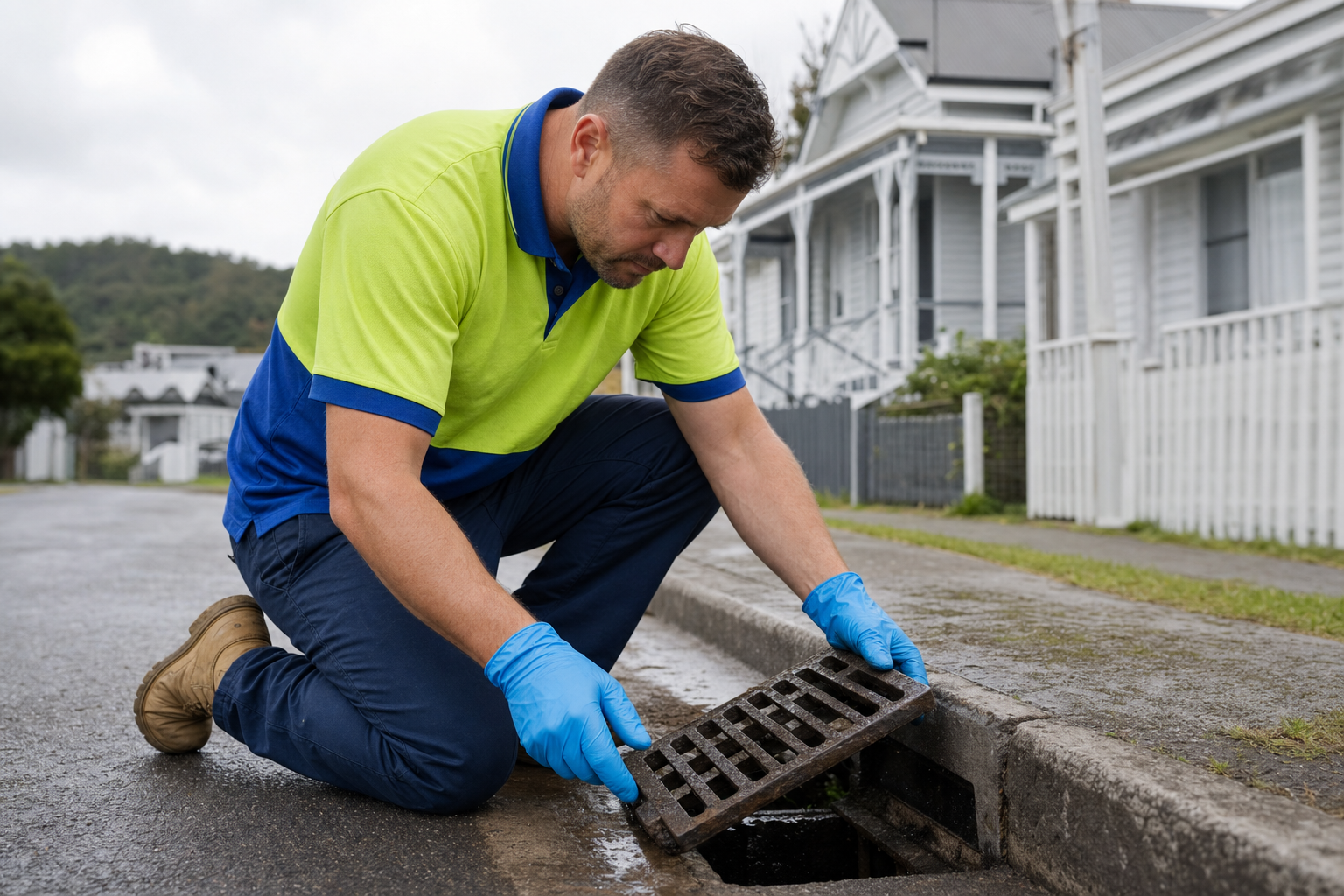 A technician kneeling on a residential Whangarei street, lifting and inspecting a stormwater drain grate set into the kerb. The technician wears a short-sleeved hi-vis polo shirt with a royal blue collar, lime green upper half, and royal blue lower half, with blue PVC gloves and work boots. Close-up shot focused on the technician and drain grate. New Zealand weatherboard houses visible in the soft background. Overcast sky typical of Northland.