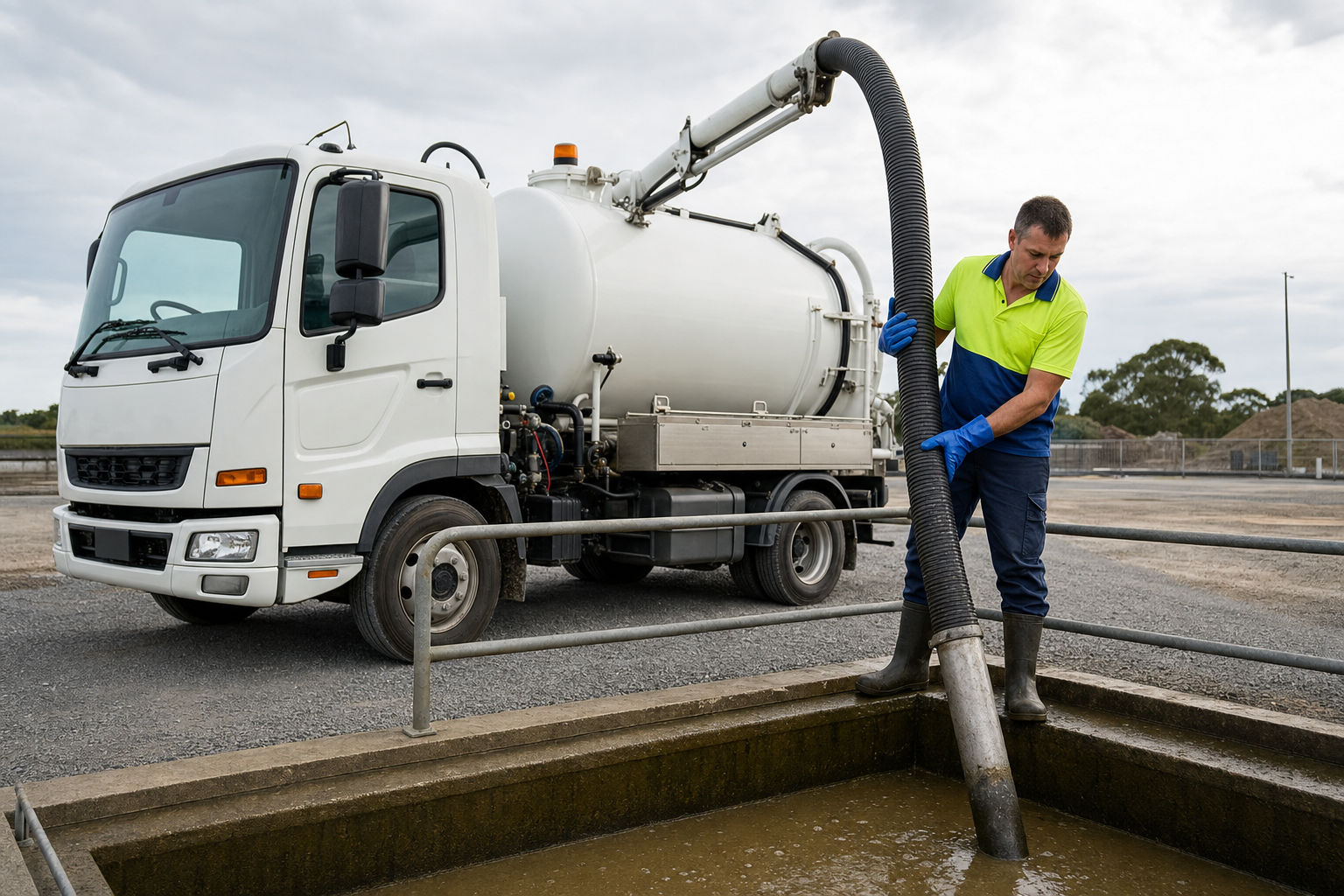 A white Mitsubishi Fuso Fighter vacuum truck with a large white cylindrical tank mounted on the back and a large suction hose, on an industrial NZ site. A technician in a hi-vis polo shirt with royal blue collar, lime green upper half and royal blue lower half, wearing blue PVC gloves and work boots, operating the suction hose to remove liquid waste or sludge from a pit or containment area.