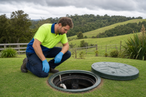 A technician in a hi-vis polo shirt with lime green upper half and royal blue collar and lower half, wearing blue PVC gloves and work boots, inspecting an open septic system access lid set into a tidy lawn on a rural Northland lifestyle property, with green paddocks and NZ native bush visible in the background under an overcast sky.