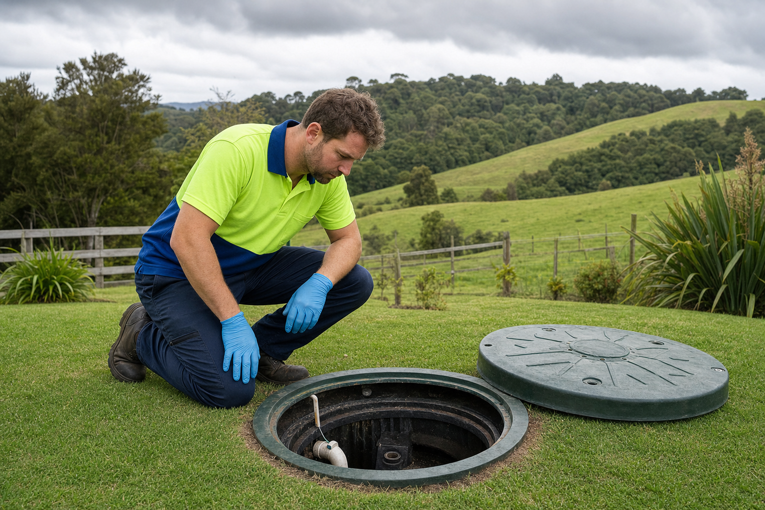 A technician in a hi-vis polo shirt with lime green upper half and royal blue collar and lower half, wearing blue PVC gloves and work boots, inspecting an open septic system access lid set into a tidy lawn on a rural Northland lifestyle property, with green paddocks and NZ native bush visible in the background under an overcast sky.