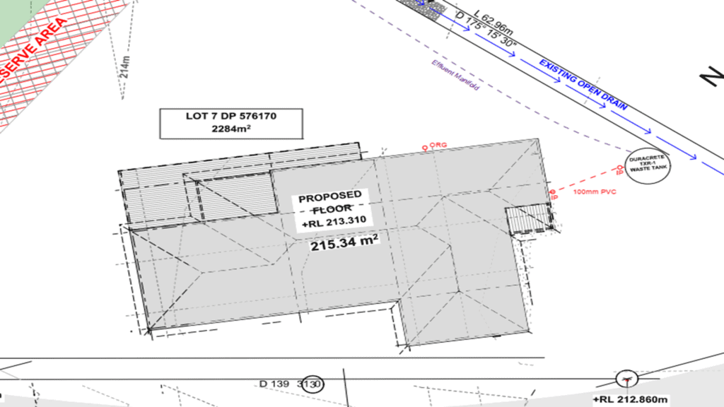 Detailed proposed floor plan with measurements and lot details for residential development.
