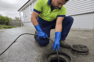 A technician in a lime green and royal blue hi-vis polo shirt kneeling at a drain access point on a residential NZ driveway, wearing blue PVC gloves and work boots, feeding a flexible high-pressure jetting hose into the drain opening, with the hose trailing off the edge of the frame. Overcast sky, weatherboard house visible in background. Close-up shot focused on the technician's hands and the drain opening.