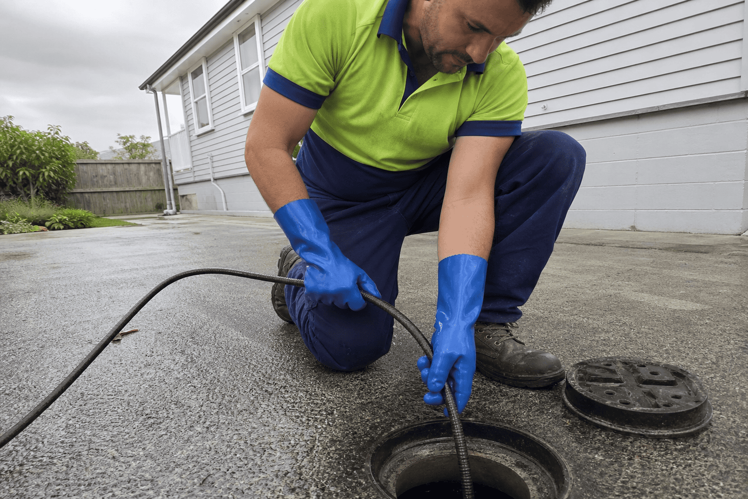 A technician in a lime green and royal blue hi-vis polo shirt kneeling at a drain access point on a residential NZ driveway, wearing blue PVC gloves and work boots, feeding a flexible high-pressure jetting hose into the drain opening, with the hose trailing off the edge of the frame. Overcast sky, weatherboard house visible in background. Close-up shot focused on the technician's hands and the drain opening.