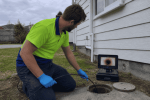 A technician in a hi-vis polo shirt with lime green upper half and royal blue collar and lower half, wearing blue PVC gloves, kneeling at a drain opening on a residential NZ property, feeding a flexible CCTV camera cable into the drain. A small monitor nearby displays live drain inspection footage. The cable trails off-frame. Weatherboard house visible in the background under an overcast New Zealand sky.